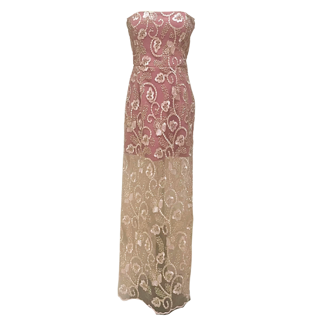 AUVORA Pink Mauve Gold Metalli Floral Celestial Strapless Maxi Dress
