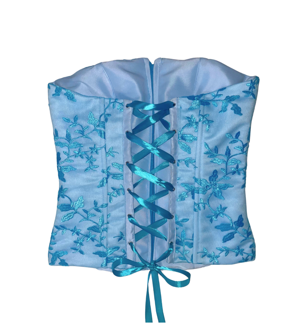 AUVORA Baby Blue Floral Corset Back with Satin Ribbon Ties