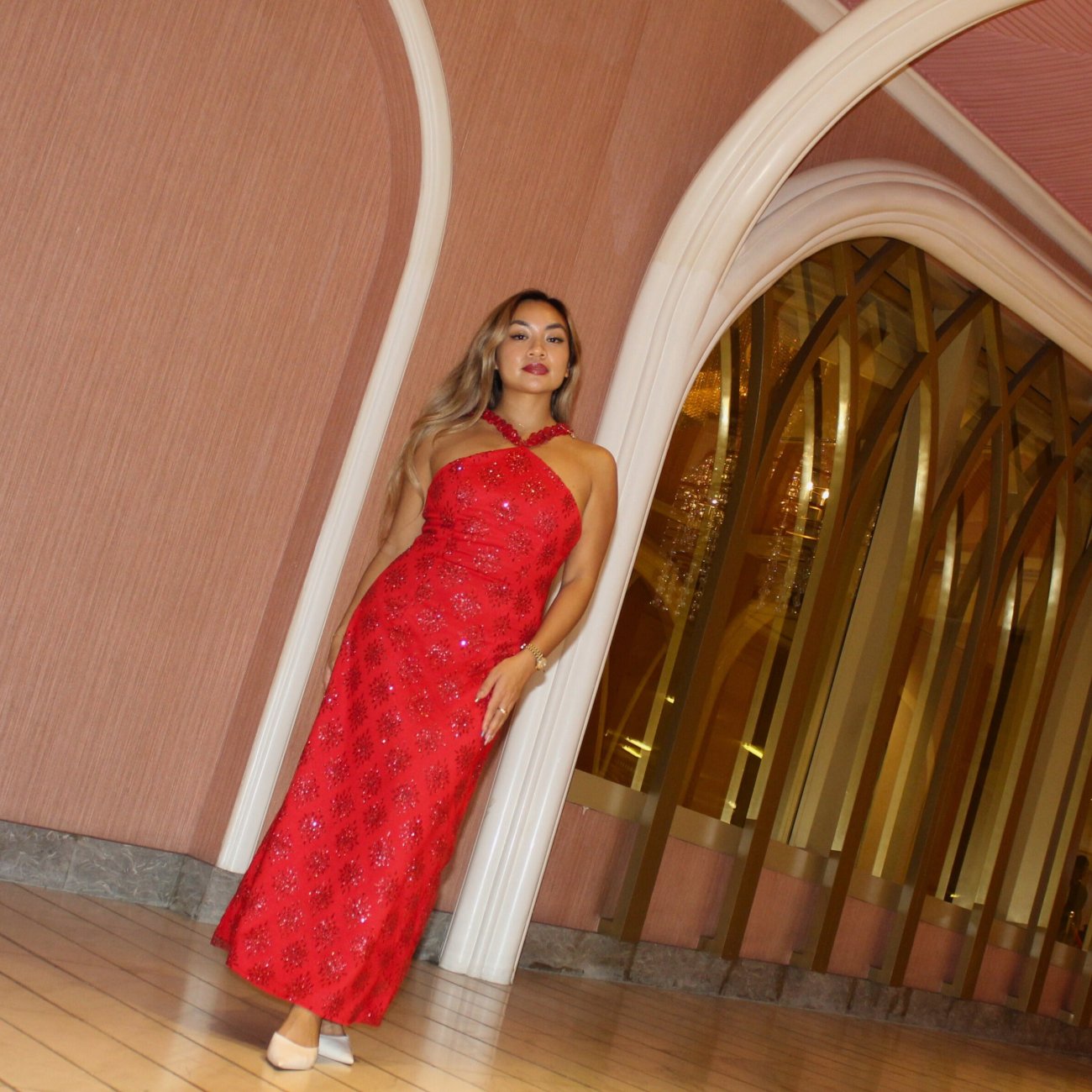 AUVORA Red Holiday Christmas Halter Maxi Dress Lifestyle