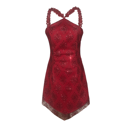 AUVORA Red Diamond Sparkly Halter Holiday Christmas Mini Dress