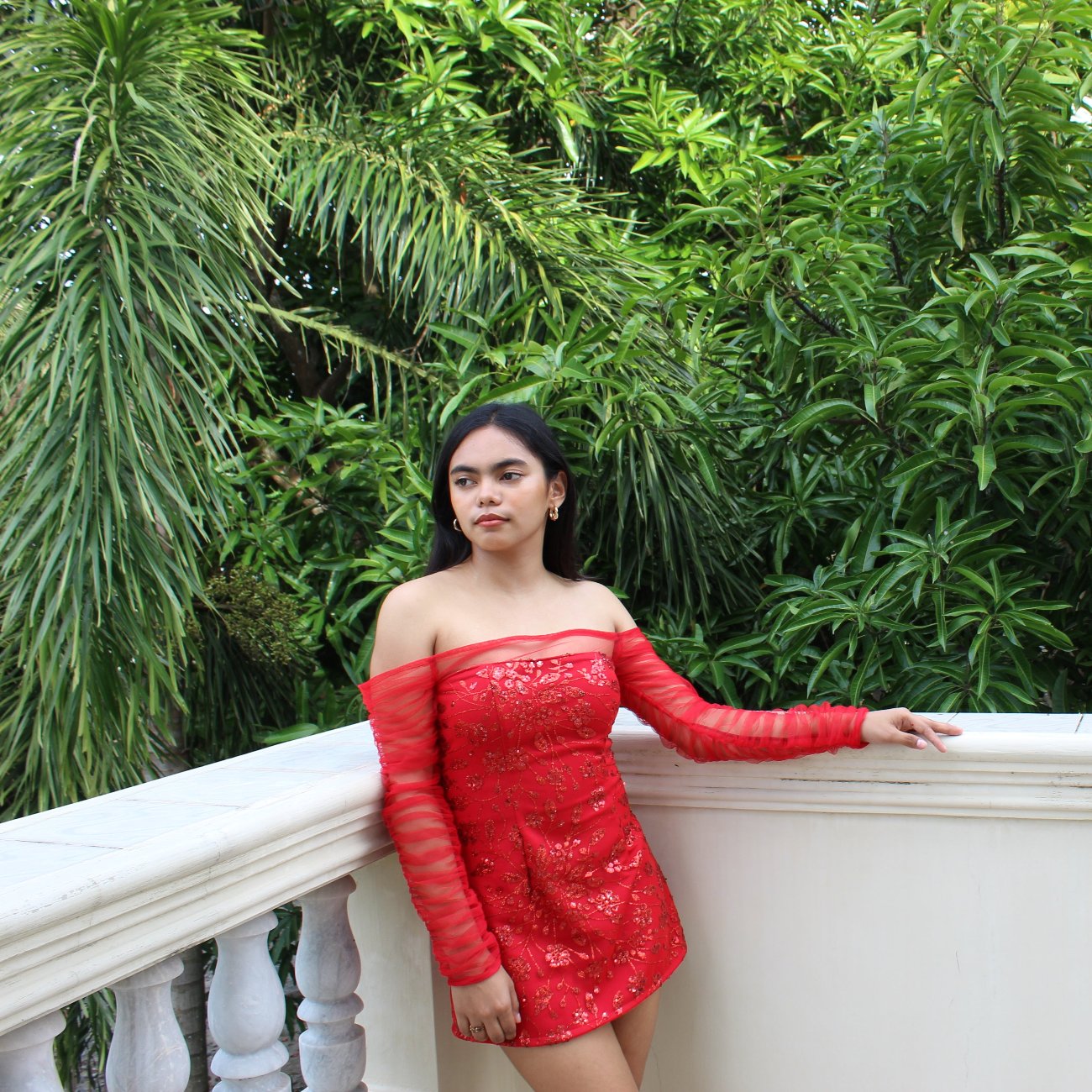 AUVORA Red Floral Off Shoulder Longsleeve Holiday Christmas Mini Dress Lifestyle