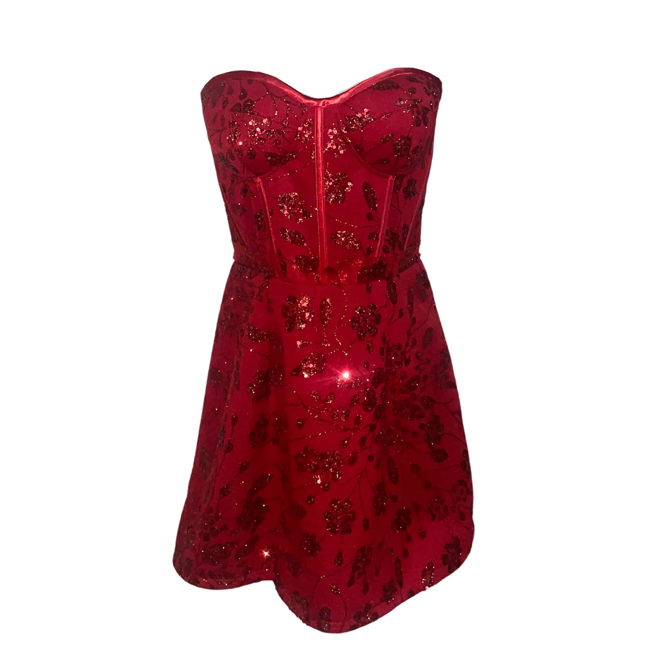 strapless open back dress Red Corset Mini Dress | Cherry Floral Appliqué Cocktail Dress