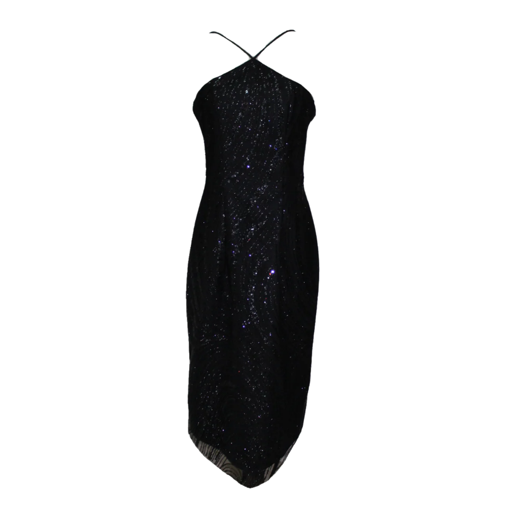 slim fit dress slacks Black Sequin Halter Midi Dress | Cocktail & Formal Dress