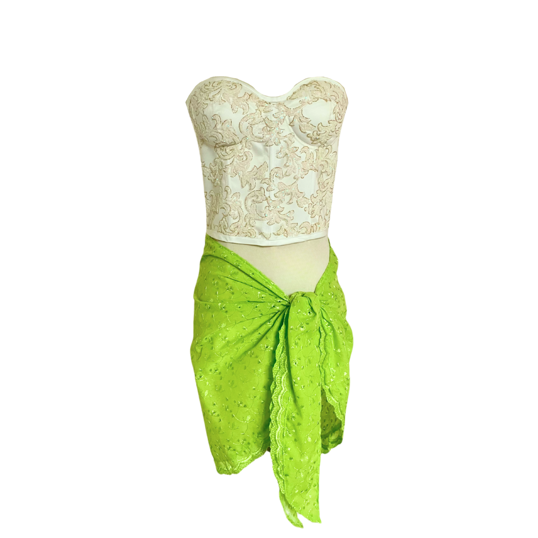 AUVORA White Strapless Bustier Luxury Corset Top and Neon Green Beach Resort Cover Up Sarong Skirt