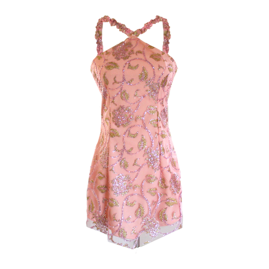 AUVORA Pink Peach Floral Elegant Sparkly Fancy Formal Haltter Mini Dress