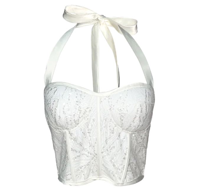 AUVORA White Sequin Sparkly Halter Corset Top
