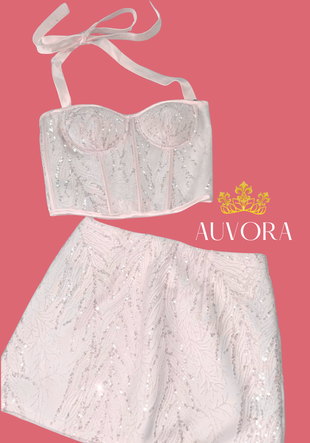 AUVORA White Sequins Luxury Halter Corset and Mini Skirt Set New Years Eve Outfit Inspo