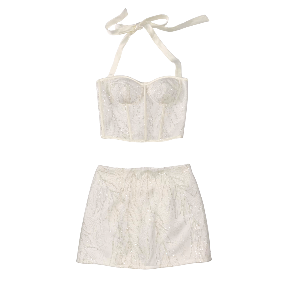 AUVORA White Sequin Sparkly Corset Top and Mini Skirt