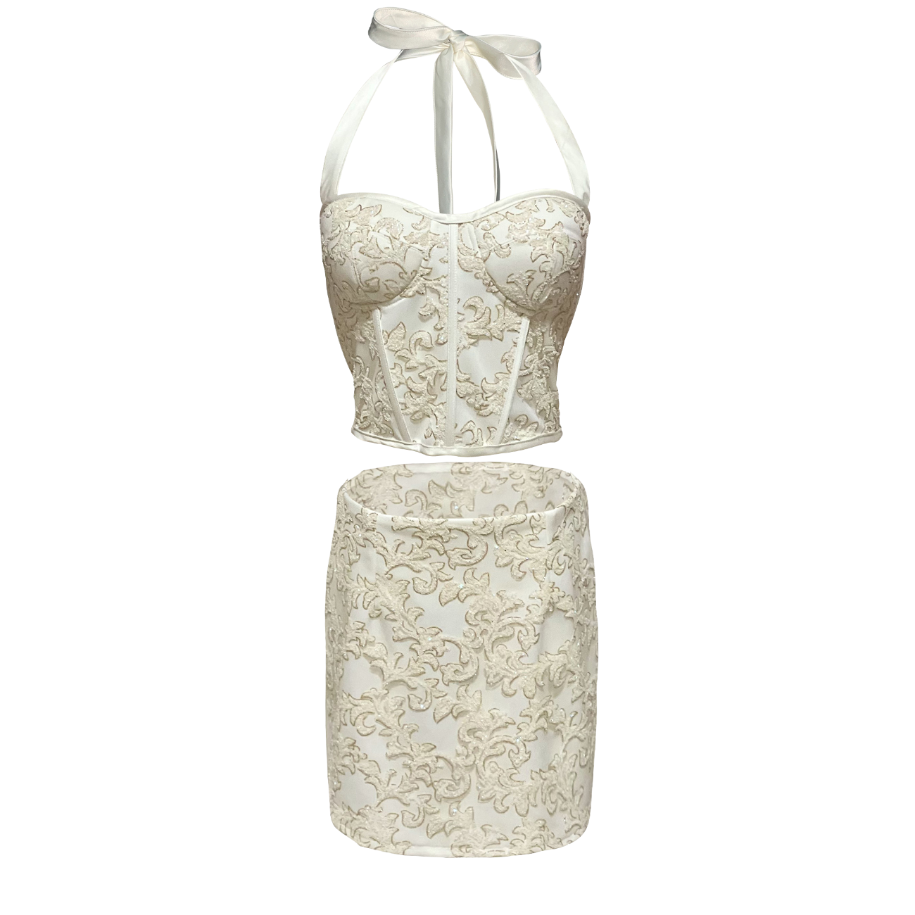 AUVORA Cream Halter Luxury Corset Top and Mini Skirt Set