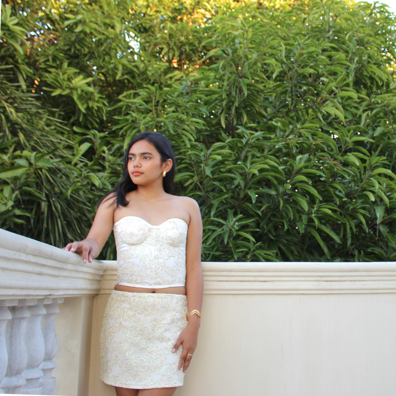 AUVORA White Cream Luxury Corset Mini Skirt Set Lifestyle