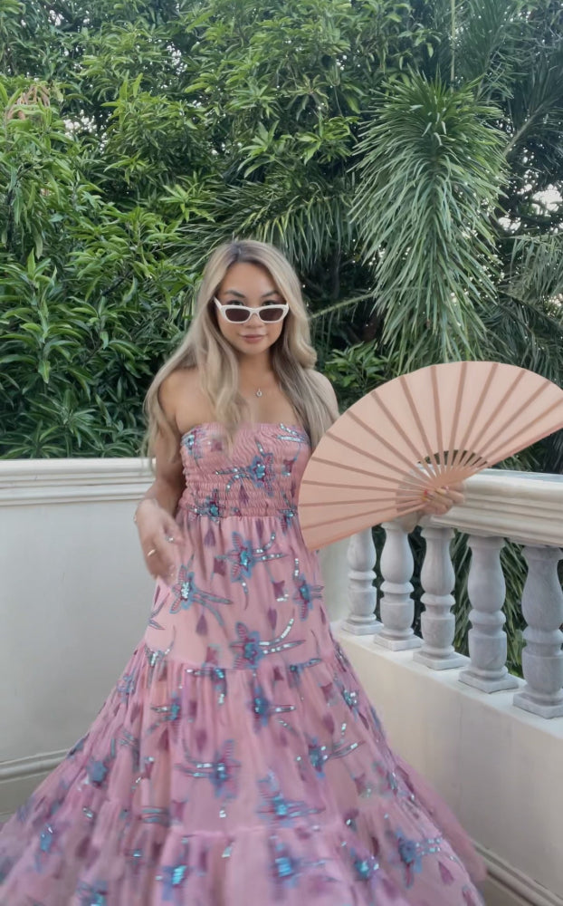 AUVORA Pink Floral Shooting Star Sequin Tier Maxi Dress Lifestyle