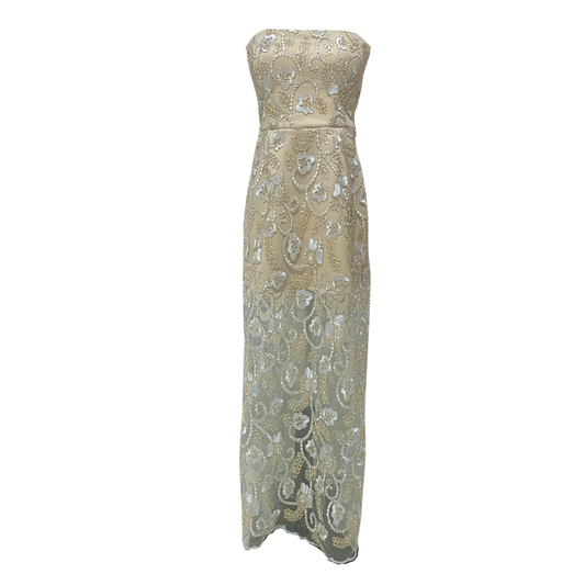 AUVORA Blue Metallic Floral Beige Lining Maxi Dress