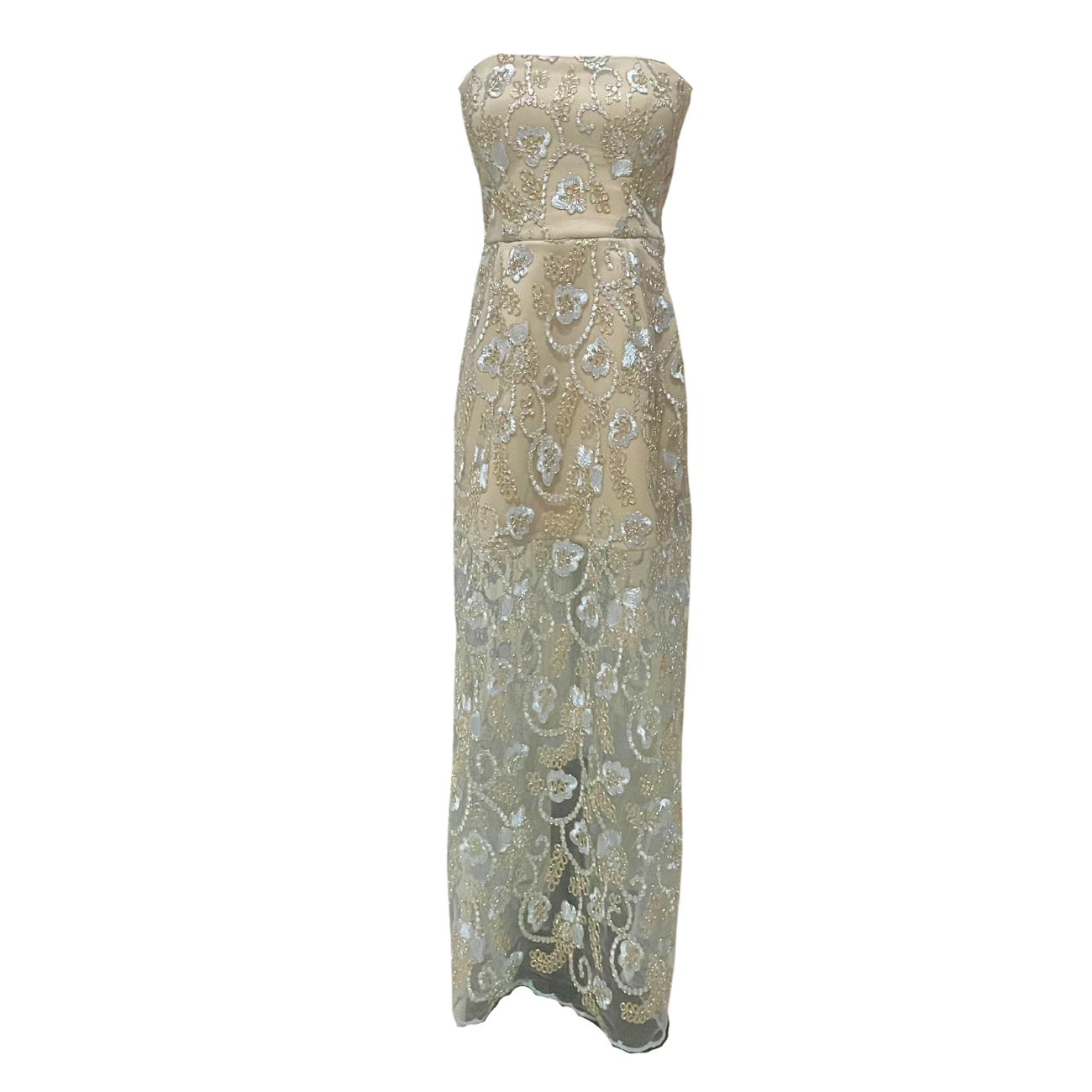 AUVORA Blue Metallic Floral Beige Lining Maxi Dress
