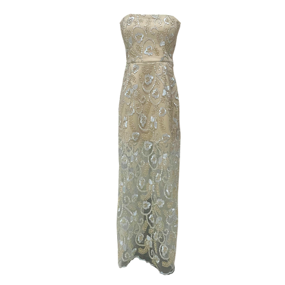 AUVORA Blue Metallic Floral Beige Lining Maxi Dress