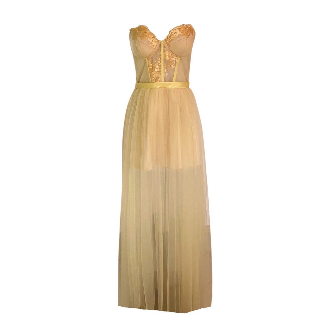 AUVORA Pastel Yellow Marigold Floral Lace Corset Tulle Maxi Summer Dress