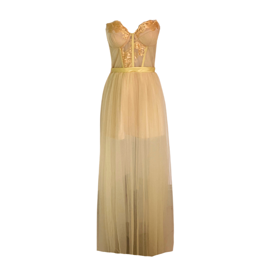 AUVORA Pastel Yellow Marigold Floral Lace Corset Tulle Maxi Summer Dress