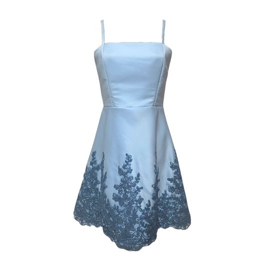 AUVORA Baby Light Blue Floral Duchess Satin Luxury Formal Mini Dress