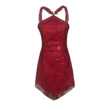 AUVORA Red Diamond Sparkly Halter Holiday Christmas Mini Dress 