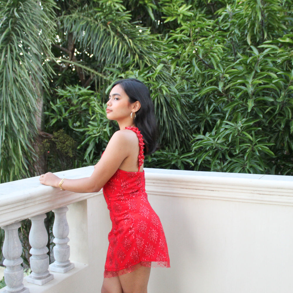 Cherry Red Halter Mini Dress | Diamond Appliqué Cocktail Dress