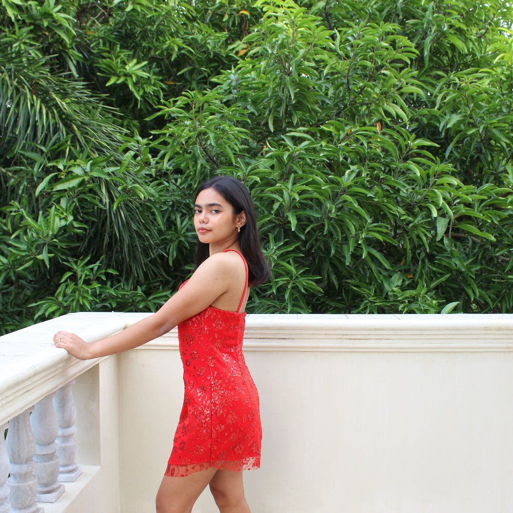 AUVORA Red Floral Halter Holiday Christmas Mini Dress