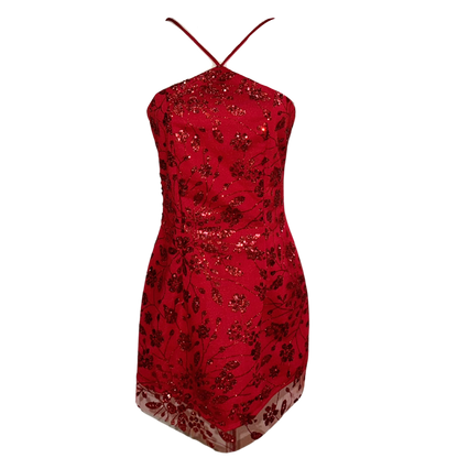 AUVORA Red Floral Halter Holiday Christmas Mini Dress 