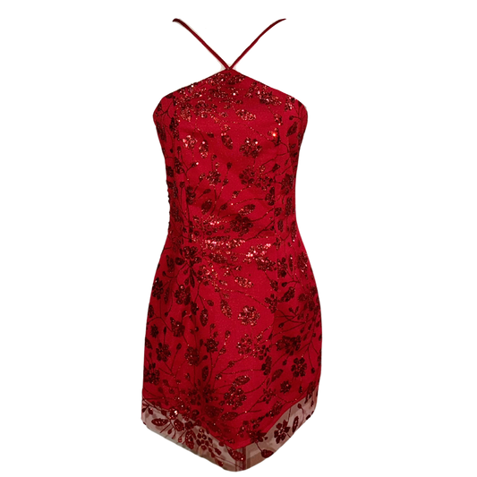 AUVORA Red Floral Halter Holiday Christmas Mini Dress 