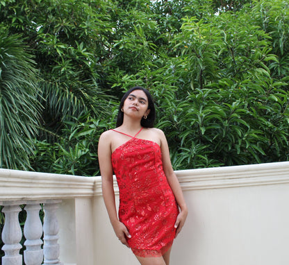 AUVORA Red Floral Halter Holiday Christmas Dress Lifestyle