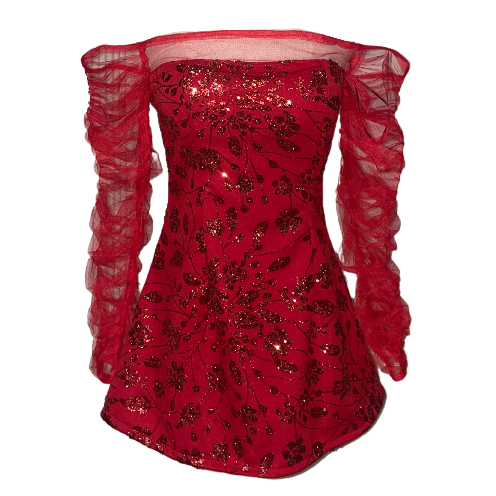 AUVORA Red Floral Off Shoulder Longsleeve Holiday Christmas Mini Dress