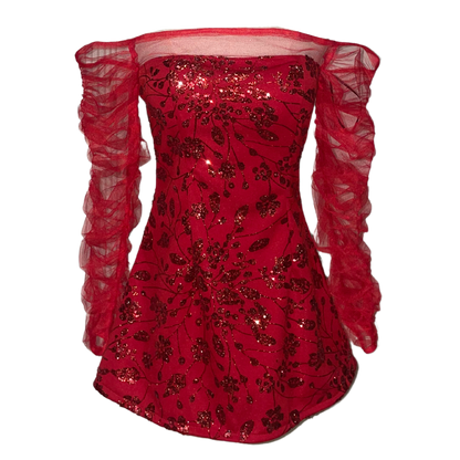 AUVORA Red Floral Off Shoulder Longsleeve Holiday Christmas Mini Dress