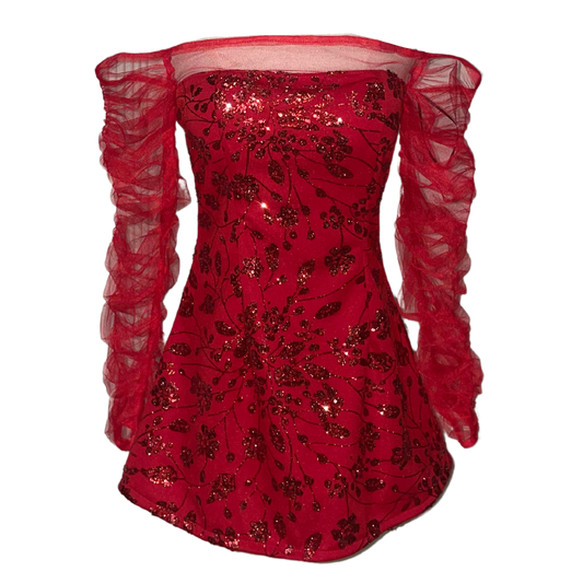 AUVORA Red Floral Off Shoulder Longsleeve Holiday Christmas Mini Dress
