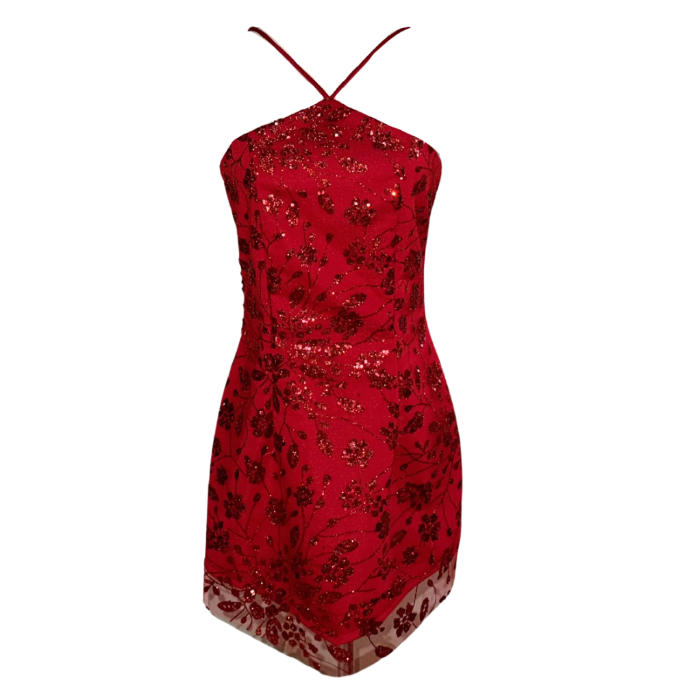 slim fit dress slacks Cherry Red Floral Halter Mini Dress | Sequin Cocktail Dress