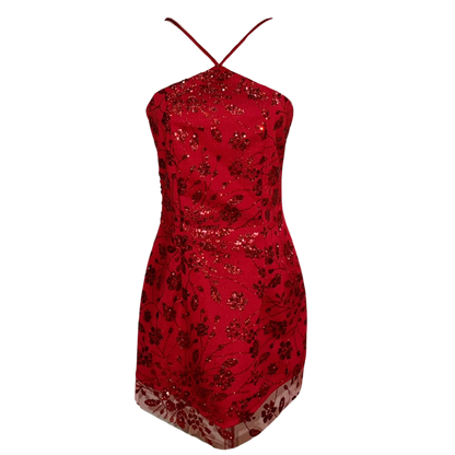 AUVORA Cherry Red Fleur halter mini dress with red fabric, shimmering floral sequin applique, high neckline halter strap, and sculpted silhouette — luxury cocktail and evening party dressed