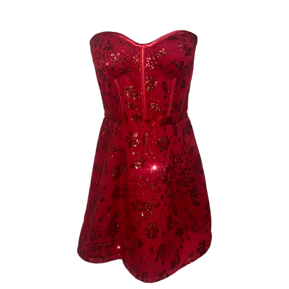 AUVORA cherry red corset mini dress with strapless bodice and sparkling floral applique – luxury red cocktail and evening party dress.