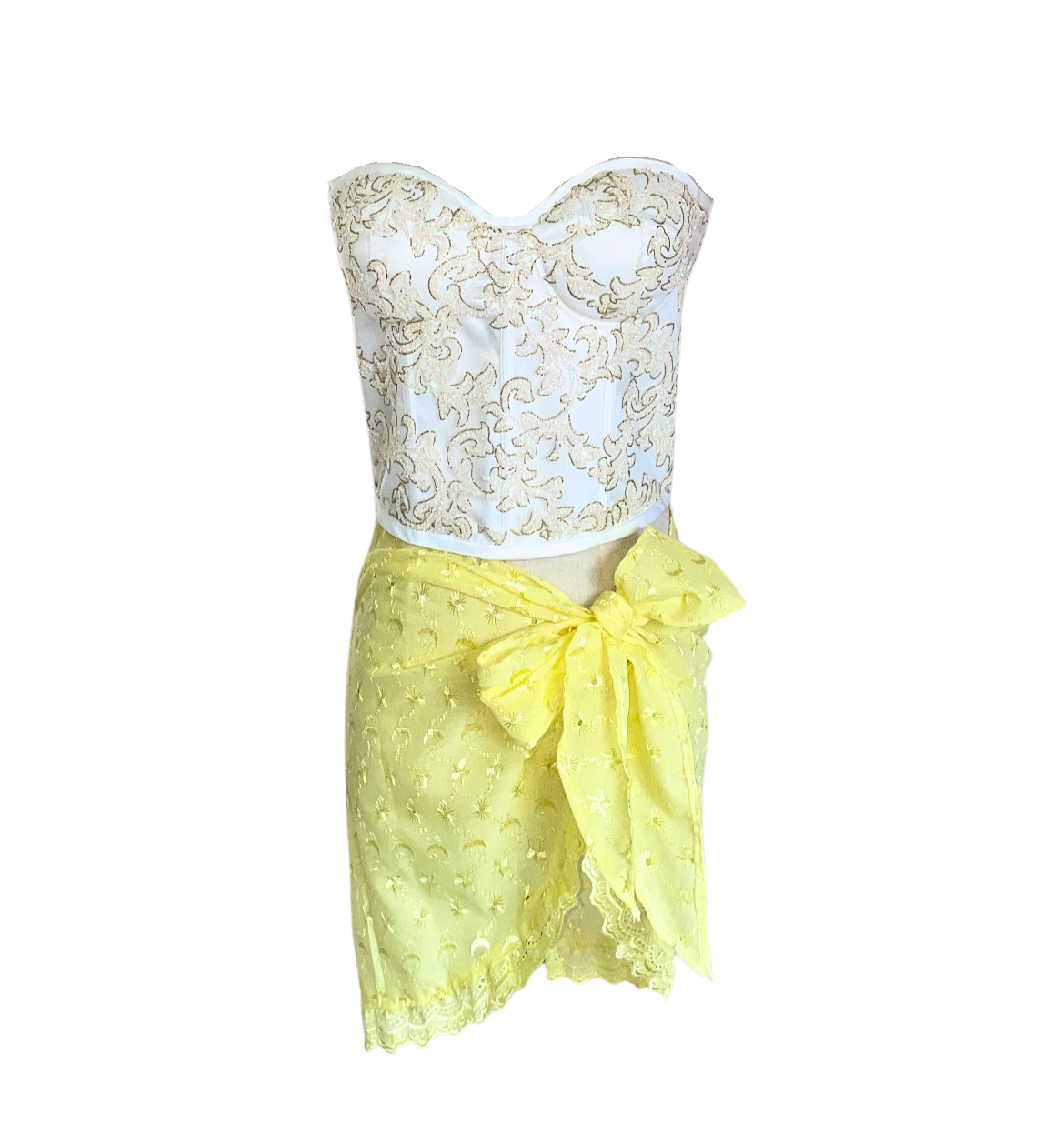 AUVORA White Bustier Luxury Corset Top and Pastel Butter Yellow Resort Beach Cover Up Sarong Skirt