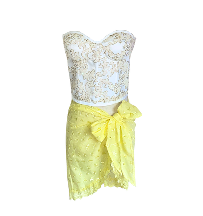 AUVORA White Bustier Luxury Corset Top and Pastel Butter Yellow Resort Beach Cover Up Sarong Skirt
