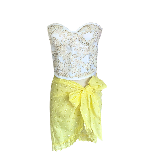 AUVORA White Bustier Luxury Corset Top and Pastel Butter Yellow Resort Beach Cover Up Sarong Skirt