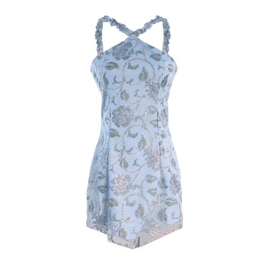 AUVORA Blue Floral Halter Custom Formal Glam Mini Dress