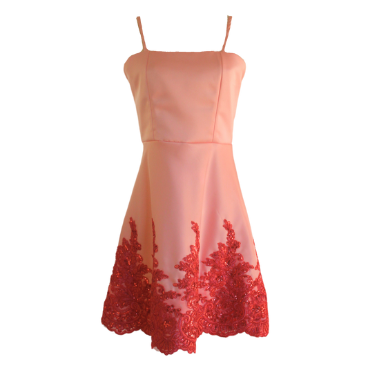 AUVORA Peach Pink Floral Duchess Satin Formal Luxury Mini Dress