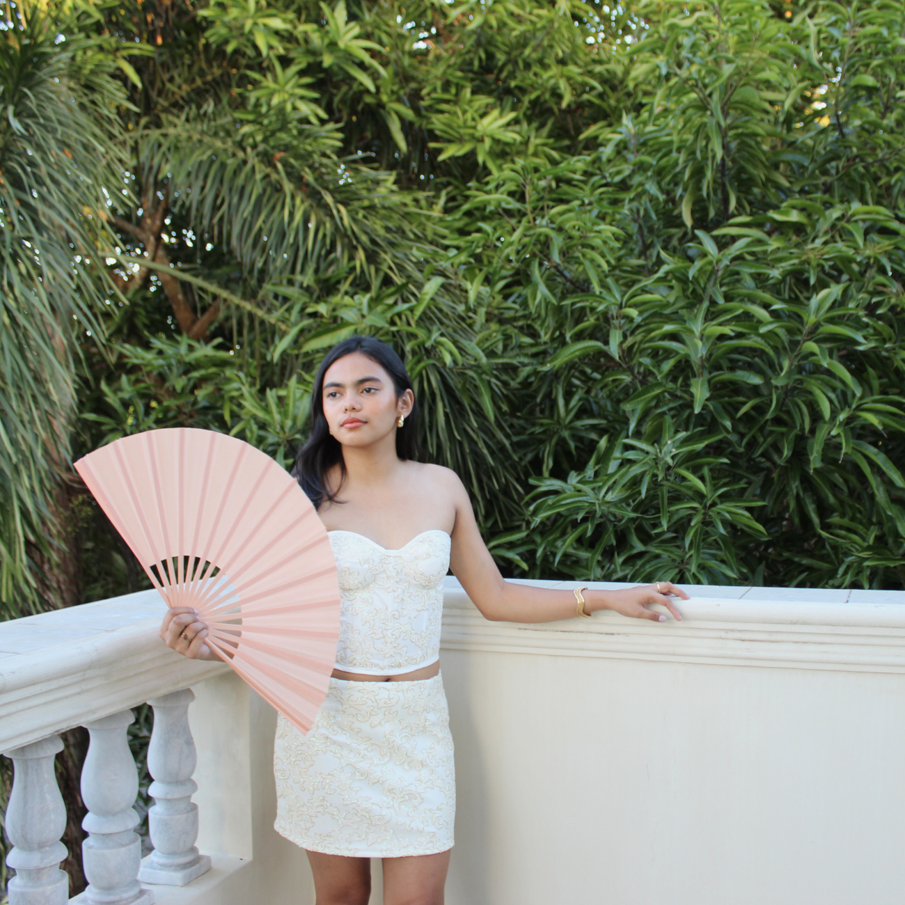 AUVORA White Luxury Strapless Corset and Mini Skirt Set Exquisite Peach Fan Lifestyle