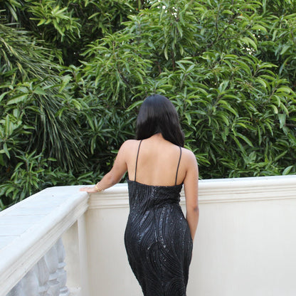 AUVORA Black Sequins Swirl Midi Dress Lifestyle