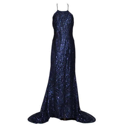 AUVORA Midnight Navy Blue Halter Low Back Luxury Gown