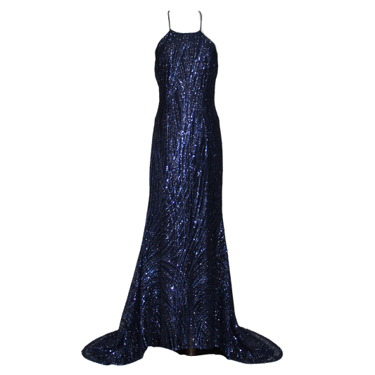AUVORA Midnight Navy Blue Halter Low Back Luxury Gown