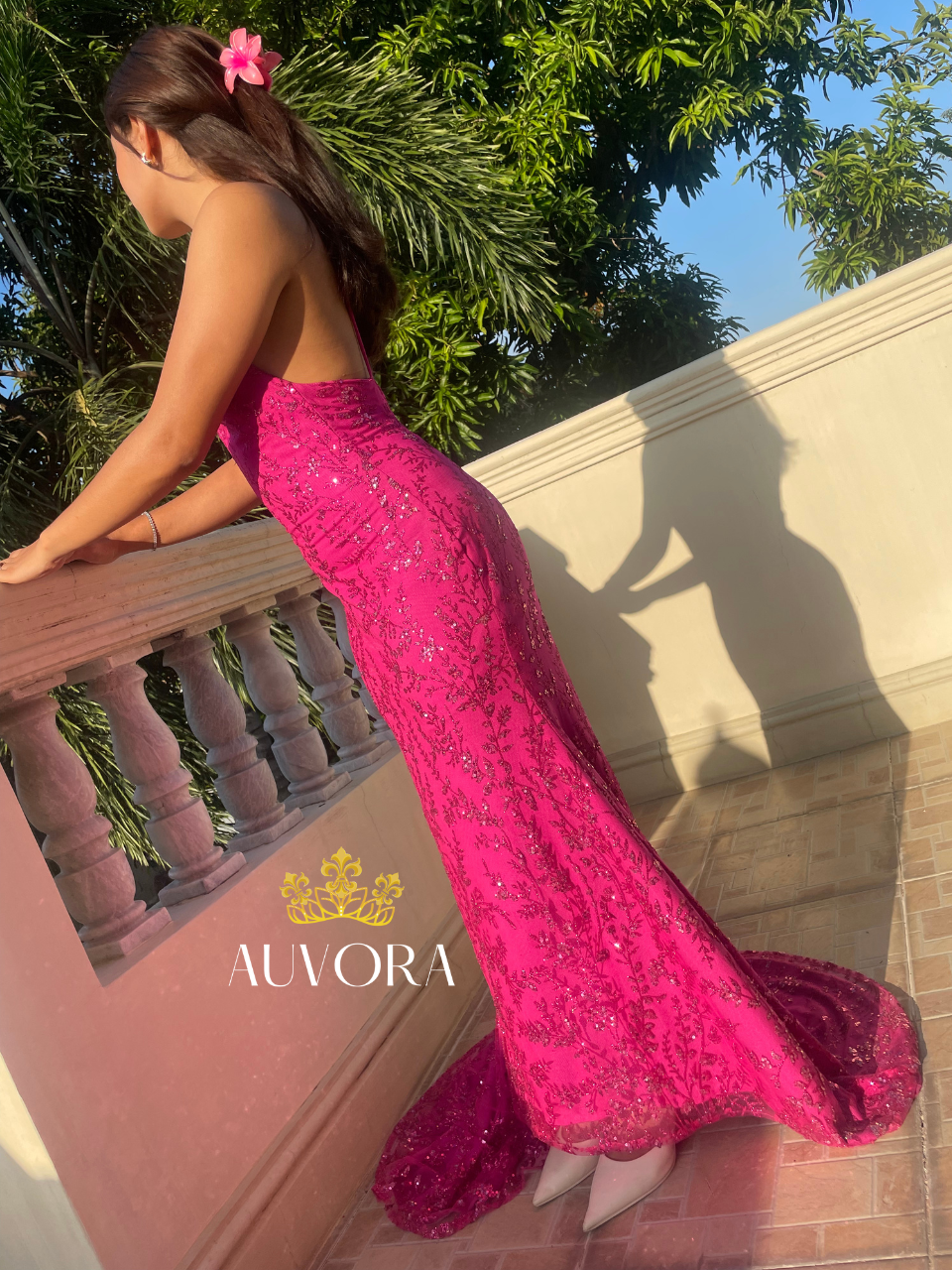 AUVORA Magenta Pink Floral Mermaid Gown Side View Summer Balcony Lifestyle 