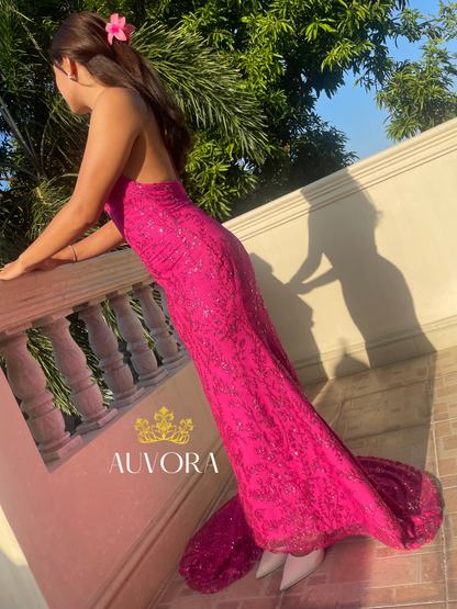 AUVORA Magenta Pink Floral Mermaid Gown Side View Summer Balcony Lifestyle 
