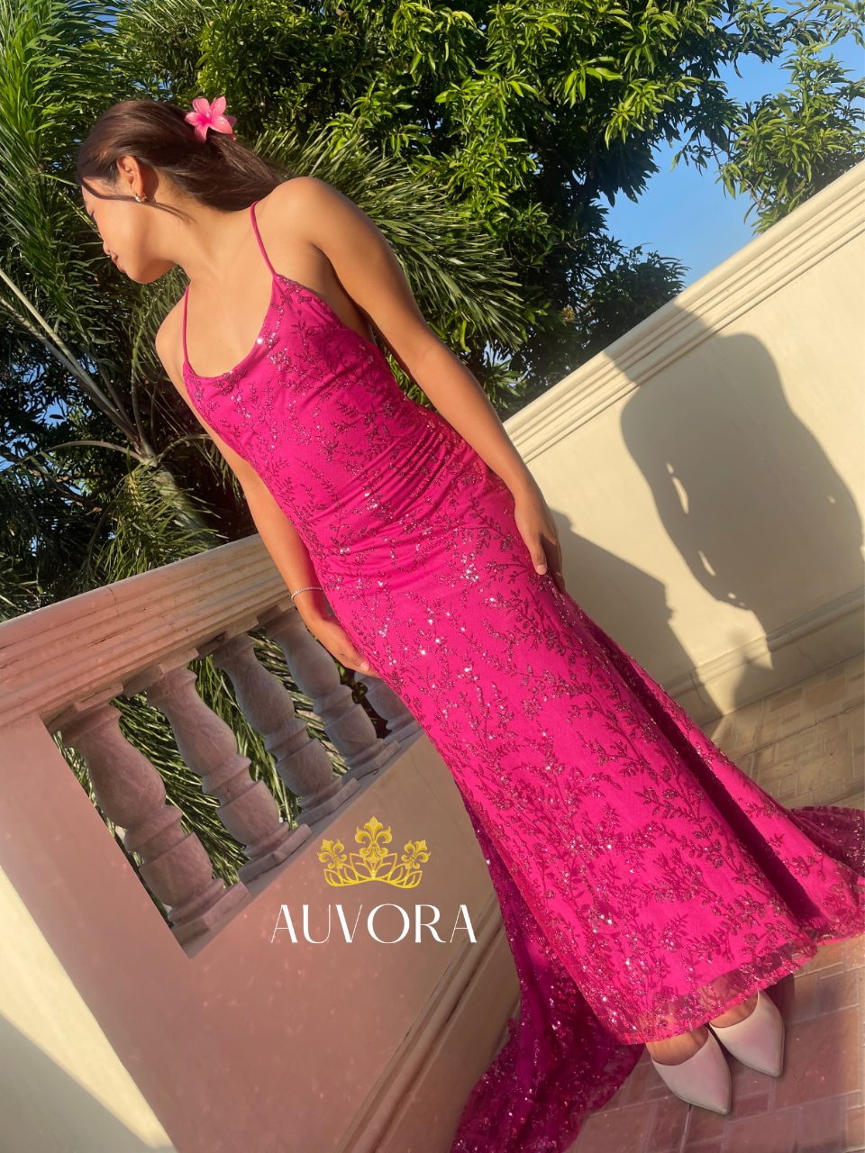 AUVORA Magenta Pink Floral Mermaid Gown Summer Balcony Lifestyle