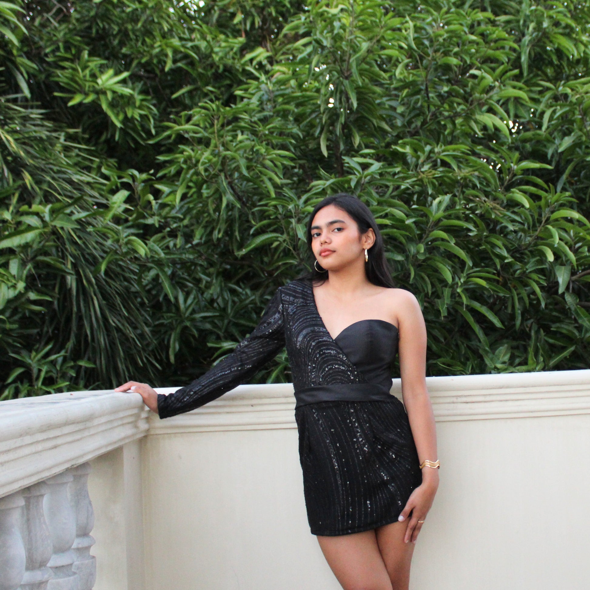 AUVORA Black Sequins One Shoulder Longsleeve Holiday Cocktail Mini Dress Lifestyle