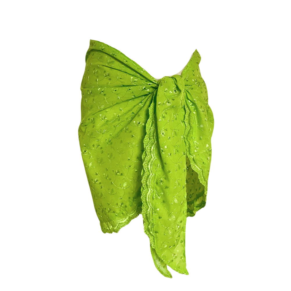 AUVORA neon green embroidered resort sarong skirt with wrap tie closure and lightweight floral eyelet fabric.