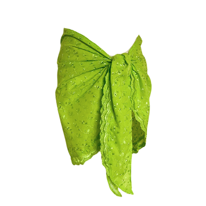 AUVORA neon green embroidered resort sarong skirt with wrap tie closure and lightweight floral eyelet fabric.