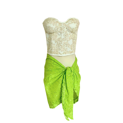 AUVORA White Strapless Bustier Luxury Corset Top and Neon Green Beach Resort Cover Up Sarong Skirt