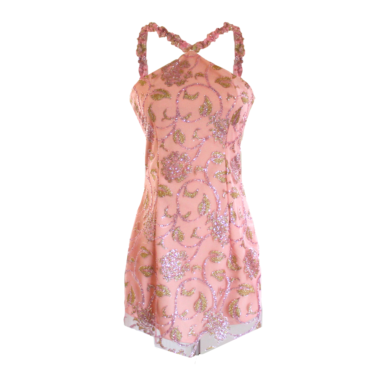 AUVORA Pink Peach Floral Elegant Sparkly Fancy Formal Haltter Mini Dress